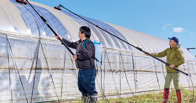 ビニールハウスの掃除が効率的になる洗浄剤とロングブラシのセットが